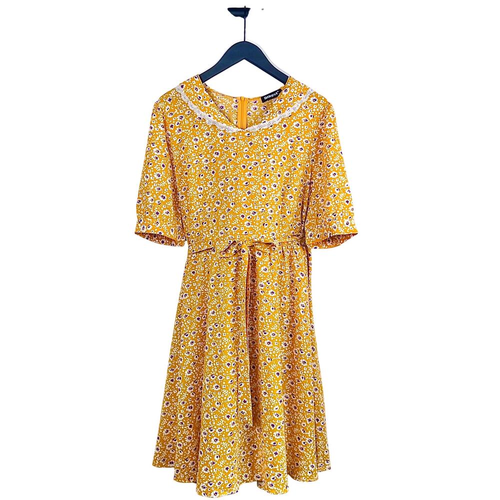 Twee Cottagecore Prairie Floral Midi Dress Lace Collar Yellow Vintage Indie XL